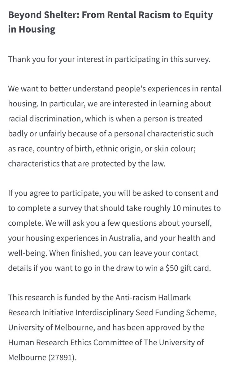 Uni Melb is doing some research into racism in the rental sector - if you’re keen, check out the survey. 
I believe this is really important work.
Also they’ve partnered with <a href="/TenantsVic/">Tenants Victoria</a> which we love to see :) 

melbourneuni.au1.qualtrics.com/jfe/form/SV_4I…
