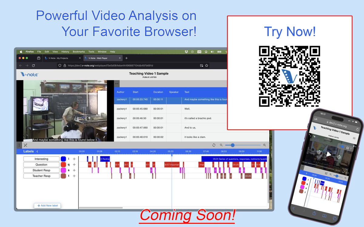 VNoteBrandon's tweet image. Coming in Feb &apos;24.  V-note for Web.  Searchable and Public.  Or Private and Secure.  You decide.
Have a look at a sample teaching video.  Play around.  Double tap stuff.  See how it works!
QR Code points to:

dev2.v-note.org/webplayer/f3e0…