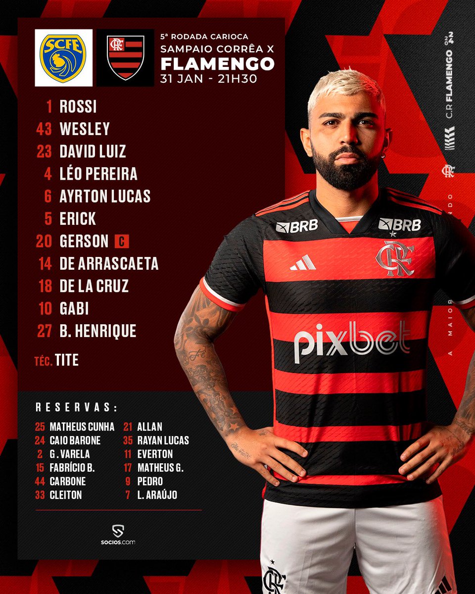 NOSSO TIME É A GENTE EM CAMPO! O Flamengo está escalado pra enfrentar o Sampaio Corrêa, pelo Cariocão! #VamosFlamengo