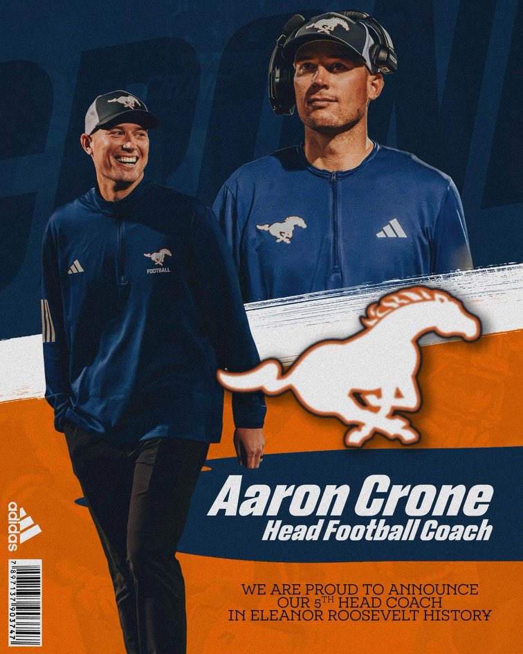 RooseyFB's tweet photo. @aaroncrone11 has been named Head Football Coach of the ERHS Mustangs! This marks the beginning of a very special era as Coach Crone played high school football at @ERHSOfficial Congratulations Coach Crone! @AthleticsERHS @CityEastvaleCA #PonyUp #ERHS #MustangNation #Eastvale https://t.co/hbZtTWTRA9