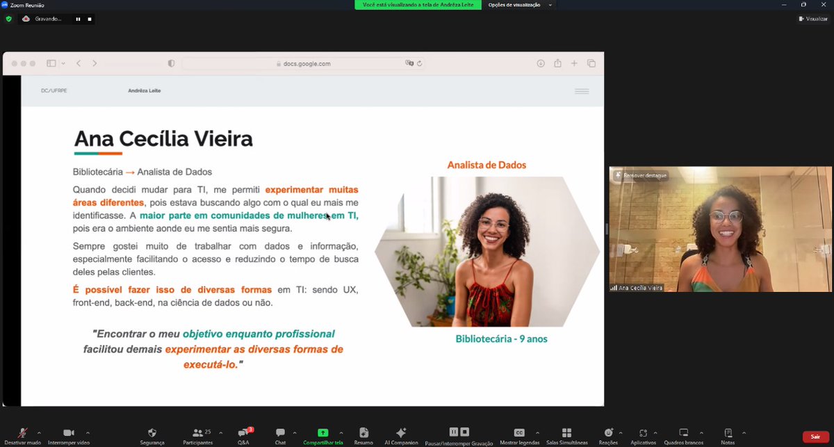 Foi muito massa relembrar a primeira turma do WomenDevProject nesse evento da Women Who Code Recife e falar sobre minha trajetória profissional.