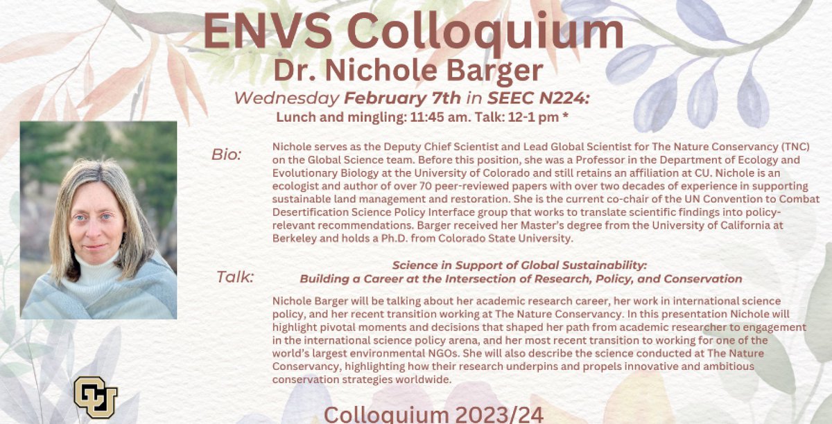 Honored to have Dr. Nichole Barger at our next department Colloquium! Nichole serves as the deputy chief scientist and lead global scientist for TNC @nature_org and will share about her career in research, policy, and #conservation. Details below.