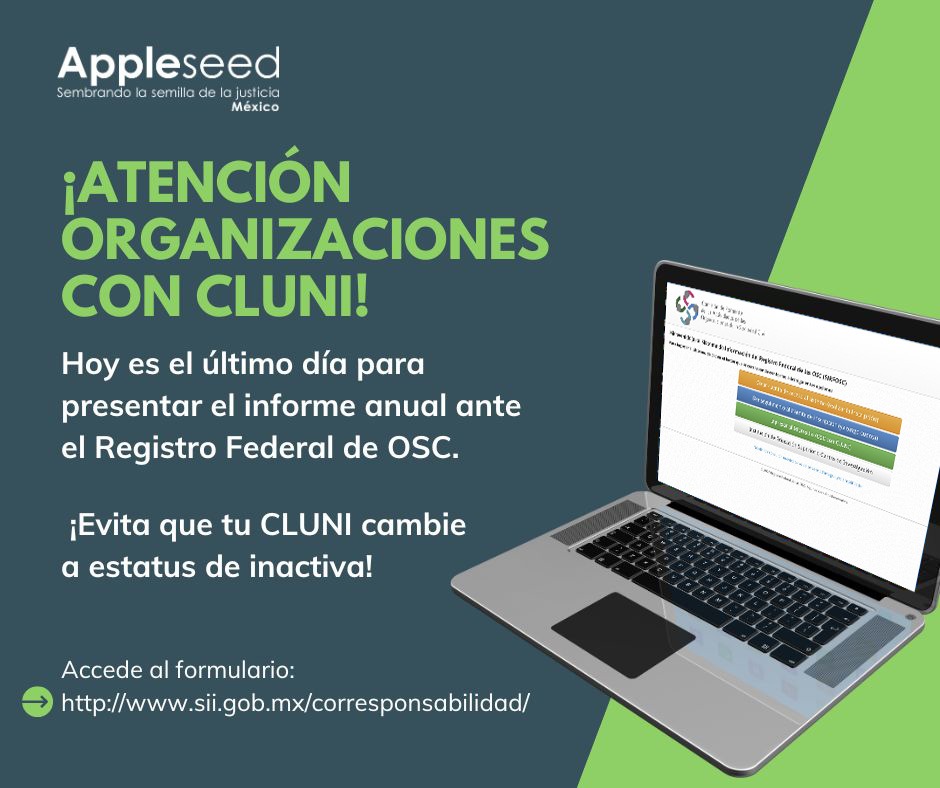 AppleseedMexico's tweet photo. 🚀 ¡Hora de actuar!
Si tu organización CLUNI está registrada ante el Registro Federal de OSC, hoy cierra el plazo para el informe anual. 📈📋
Evita contratiempos y garantiza la continuidad de tus proyectos.
Accede al formulario: https://t.co/AmPS06KqSX
#CompromisoOSC #cluni https://t.co/ulrkRt64rD