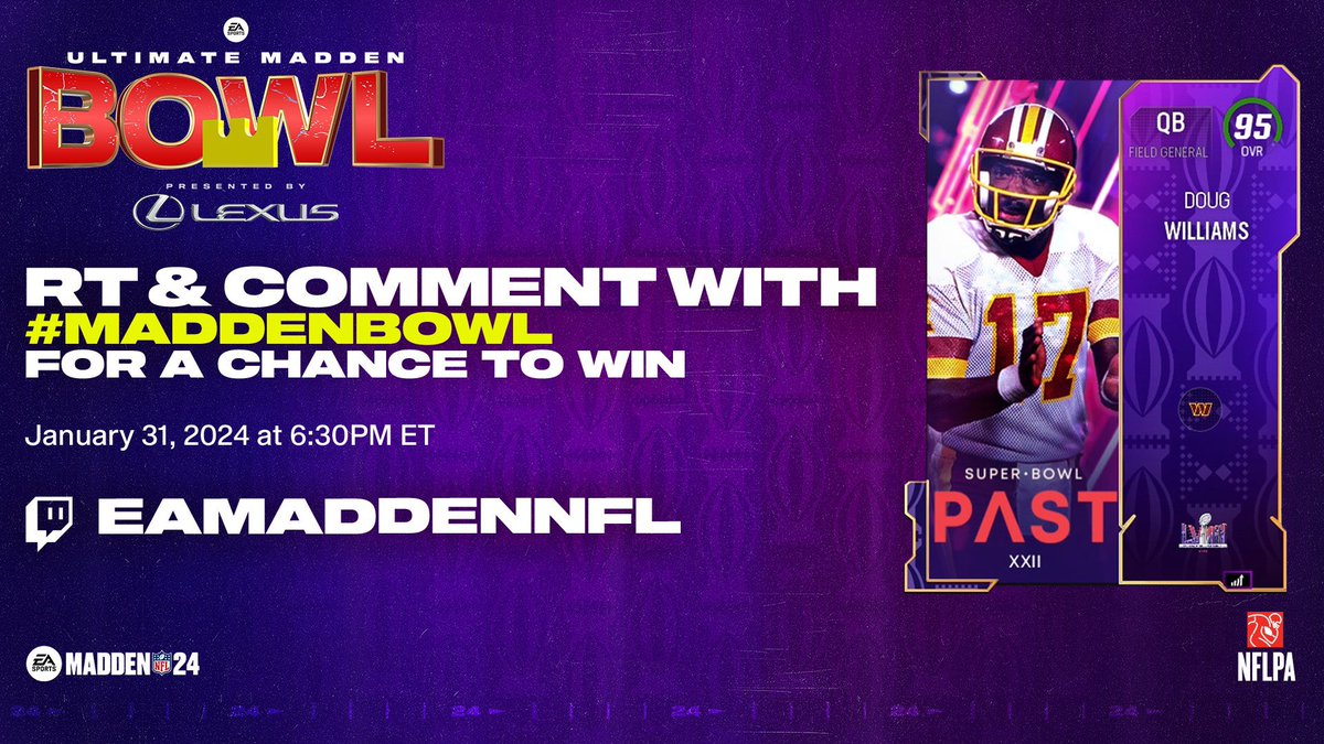 $1M #MaddenBowl tonight! RT, Follow, and Comment #MaddenBowl for your chance to win this 95 ovr Doug Williams THE BEST QB IN MUT Make sure you tune in to the broadcast starting at 630p EST