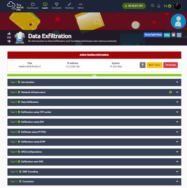 Data Exfiltration - I have just completed this room! Check it out:  tryhackme.com/room/dataxexfi… #tryhackme #DNSexfiltration #ICMPexfiltration #DNSTunneling #HTTPTunneling #DataExfiltration #dataxexfilt via @realtryhackme