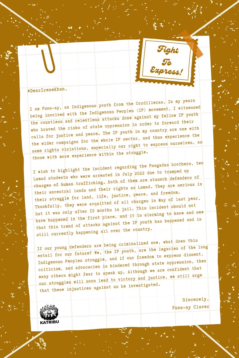 #DearIreneKhan | Letter of Indigenous youth and @AYIPNAsia's Secretary General Funa-ay Claver, to the UN Special Rapporteur (SR) on freedom of opinion and expression, @Irenekhan as she ends her 10-day visit to the Philippines.

#FightToExpress #UpholdIPRights #StopTheAttacks