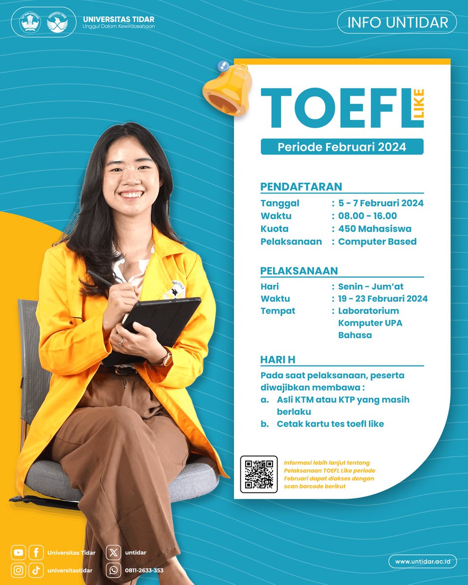 Pendaftaran TOEFL-Like periode Februari 2024 sebentar lagi dibuka. Cermati langkahnya dan siapkan dirimu untuk tes, ya!

#untidar
#universitastidar 
#banggajadiuntidar 
#toefllike