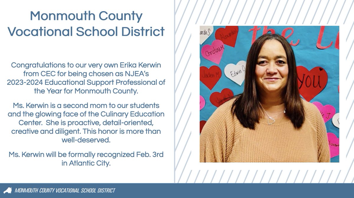 Congratulations <a href="/epkerwin/">Erika</a>! This <a href="/NJEA/">NJEA</a> honor is more than well-deserved. Thank you for all that you do for CEC and our students! We'd be lost without you! <a href="/MC_CECHS/">MCVSD Culinary Education Center HS</a> <a href="/cford/">Dr. Charles R. Ford</a> <a href="/tomevancho/">Tom Evancho</a> <a href="/ellenjasper/">Ellen Jasper</a>