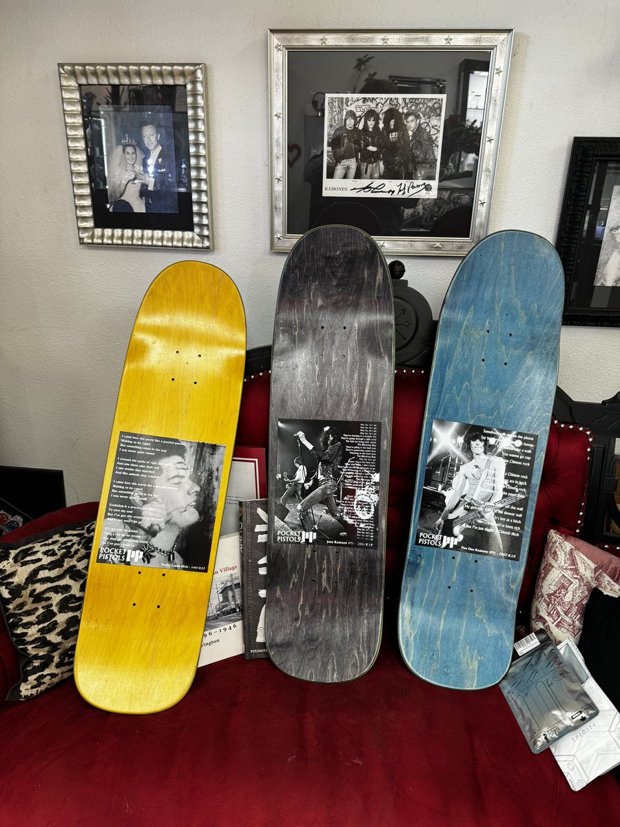 presley_co's tweet photo. Got these rad decks for my birthday. They’re going to get up in the store #darbycrash #joeyramone #deedeeramone  #skateboarding #punkforlife #jewelrywithattitude #PunkRock https://t.co/jVd1wkQnWE