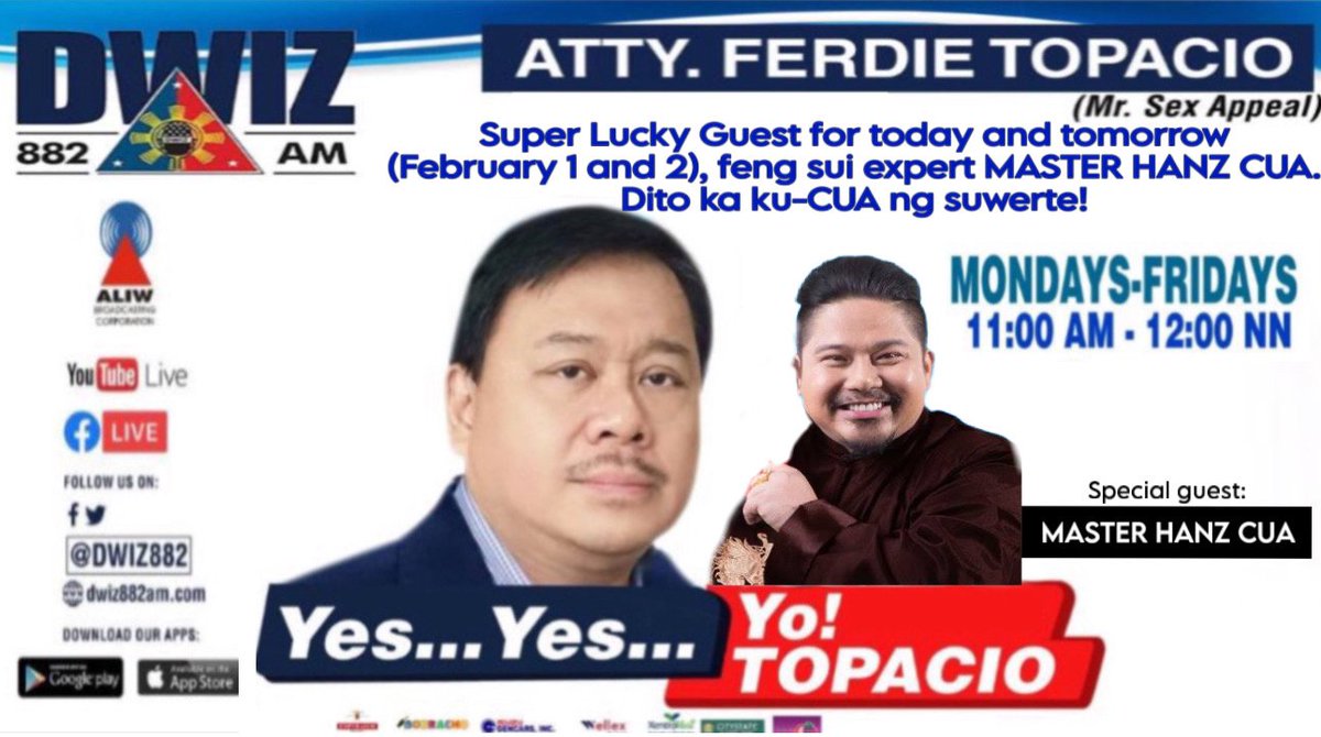 YesYesYo13's tweet photo. Huwebes na edisyon ng YES YES YO! TOPACIO! mamayang 11 AM. Sa DWIZ 882 AM lamang. At mapapanood sa free TV digital channel 23 at sa mga digital blackboxes, YouTube®️ at Facebook®️ Live at iba pang platforms. With super special guest MASTER HANZ CUA! https://t.co/a4e1OGWdmu