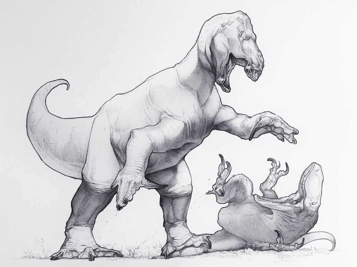 Magnamanus soriaensis bullying a young Carcharodontosaurid. A drawing I began for dinovember but never finished due to university/commissions.