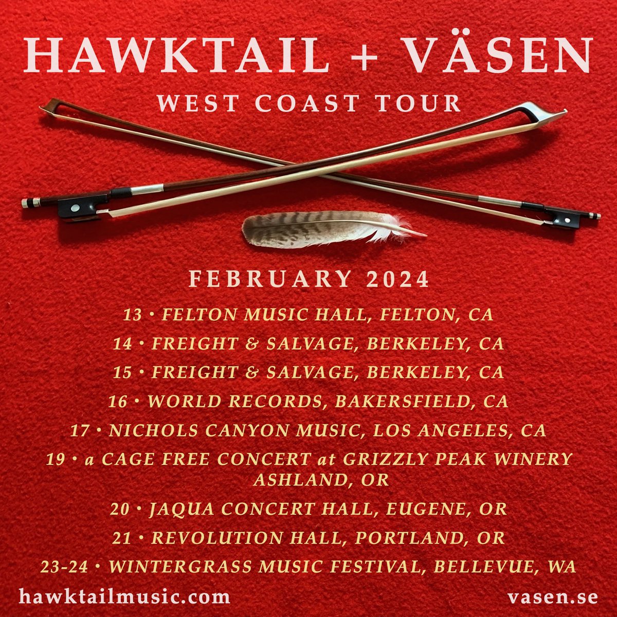 Catch the Punch Bows (@Arkansausage, @brittfiddle) on their west coast tour with @hawktailband and Väsen, February 13-24. Get your tickets at hawktailmusic.com - PB HQ