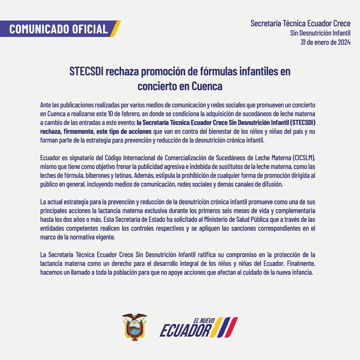 COMUNICADO OFICIAL | Rechazamos la promoción de fórmulas infantiles. Nuestra estrategia para prevenir la desnutrición crónica infantil destaca la importancia de la lactancia materna exclusiva durante los primeros 6 meses y complementaria hasta los 2 años o más.
#LaNuevaInfancia