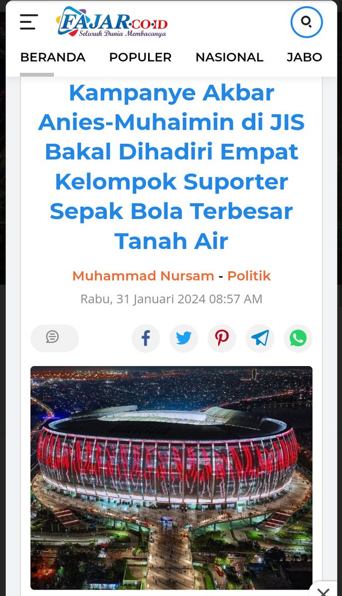 @julian17426 Mantul JakManiaPersija, BobotohPersib.
Turut hadir juga BonekPersebaya &amp; AremaMania Malang Otw JIS.
Perang Puputan Kompetisi PilPres antara Perubahan Lebih Baik JIS VS Senayan Melanjutkan Petahana yg Bikin Hancur atau Pertarungan Habis-habisan Antara yg Haq dan yg  Bathil☝️😊