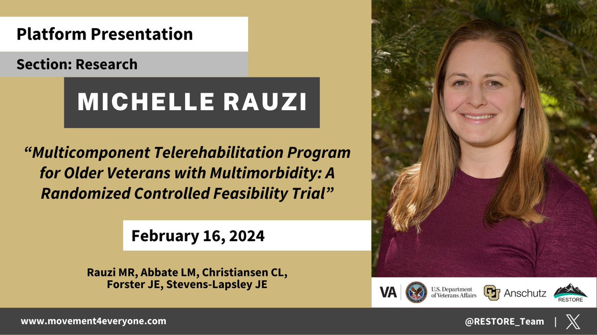 We can't wait to hear from postdoctoral fellow Michelle Rauzi, PT, DPT, PhD, ATC at #APTAcsm in a couple weeks! Her RCT evaluated feasibility, safety, & response of a multicomponent #telerehabilitation program for #Veterans. apta.confex.com/apta/csm2024/m…