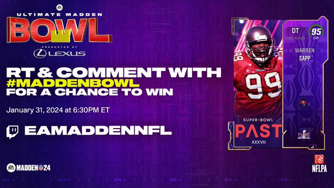 🚨DAY 2 OF THE MADDEN BOWL🚨

Retweet, FOLLOW, and Comment #MaddenBowl for a Chance at this Warren Sapp

Tune into the MCS Broadcast LIVE NOW!

twitch.tv/EAMaddenNFL