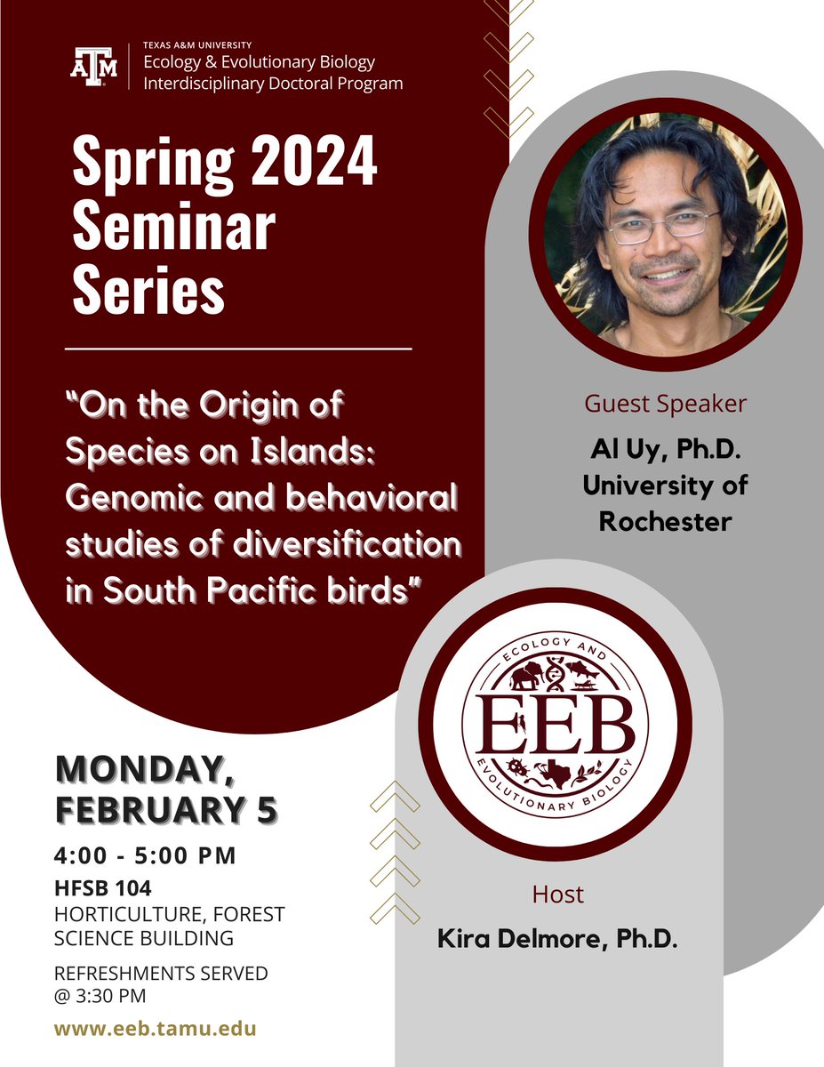 EEB Spring Seminar Series: Please join us Monday, February 5th at 4 pm in HFSB 104 to welcome Al Uy @TropBioLab of University of Rochester. eeb.tamu.edu/eeb-seminar-se…
