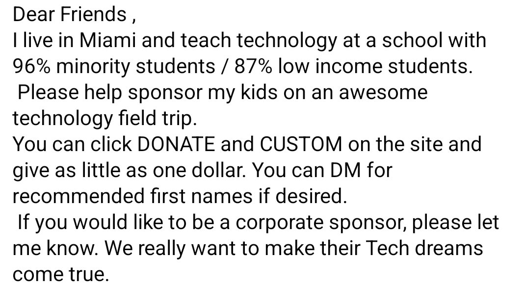 MsSeaman3's tweet photo. Please read and share with anyone you think can support. You may not think one field trip can make  a difference,but to my middle schoolers, it is everything.
https://t.co/Hxy9liuhZo

@craignewmark @ForestAcresCamp 
@place_s https://t.co/z3lFtdXXIH