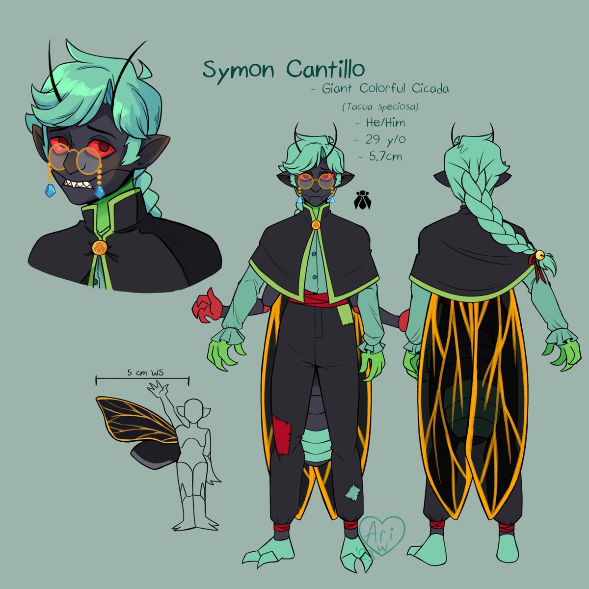 IbbyWonder's tweet image. Reference art for a slight design tweak for Symon&apos;s cicada form. I cave him more clothes so he doesn&apos;t feel so nude as a miinu, while still keeping the color pallet of his species.

#originalcharacter #bugoc