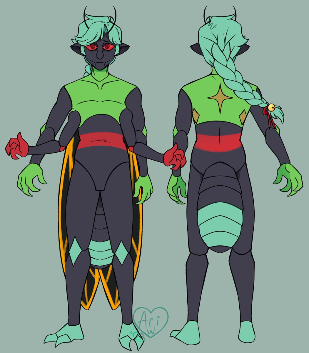 IbbyWonder's tweet image. Reference art for a slight design tweak for Symon&apos;s cicada form. I cave him more clothes so he doesn&apos;t feel so nude as a miinu, while still keeping the color pallet of his species.

#originalcharacter #bugoc