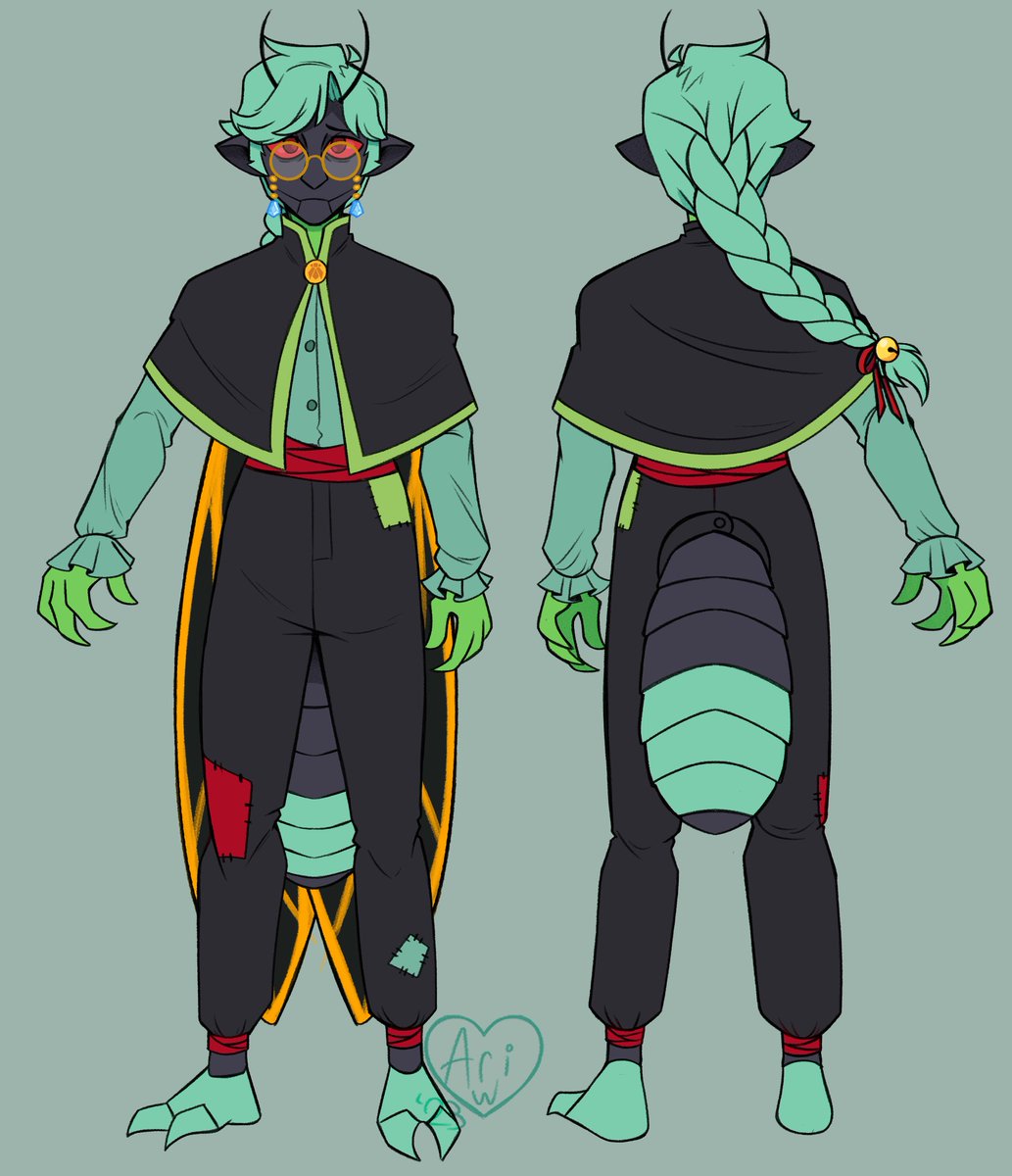 IbbyWonder's tweet image. Reference art for a slight design tweak for Symon&apos;s cicada form. I cave him more clothes so he doesn&apos;t feel so nude as a miinu, while still keeping the color pallet of his species.

#originalcharacter #bugoc