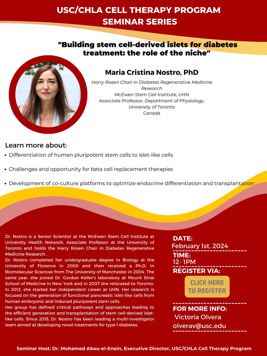 Have you register for our monthly Cell Therapy Seminar February session? It's tomorrow! Go to ➡ usc.zoom.us/meeting/regist…
Join us featuring our speaker Maria Cristina Nostro PhD, who will share about building stem cell-derived islets for diabetes treatment.