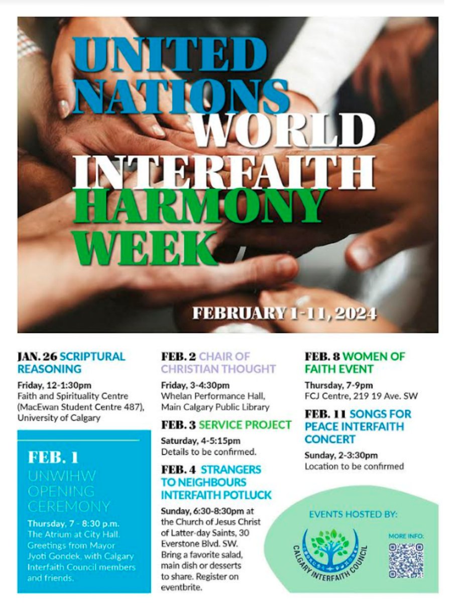 The #Calgary #Interfaith Council is celebrating UN World Interfaith Harmony Week with lots of events and the Opening Ceremony is 7pm Thursday Feb 1st at @Calgary City Hall. Everyone is Welcome! calgaryinterfaithcouncil.org/2024-united-na…