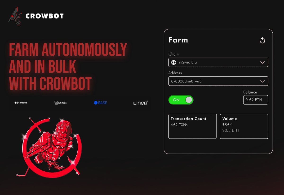 Mass-Farm all your Favourite Protocols, all within one DApp.

Sit back and relax while our smart algorithms efficiently do the work.

Have an edge in an ever expanding industry.

Join the winning side – CrowBot