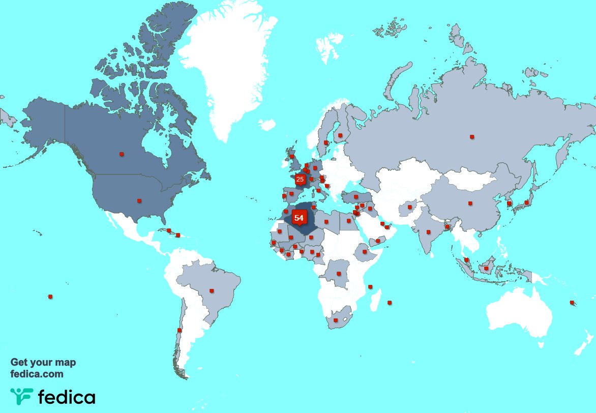 Selon fedica.com/!lygoumeziane Mes abonnés vivent en: Algérie(55%),France(25%),Canada(3%)