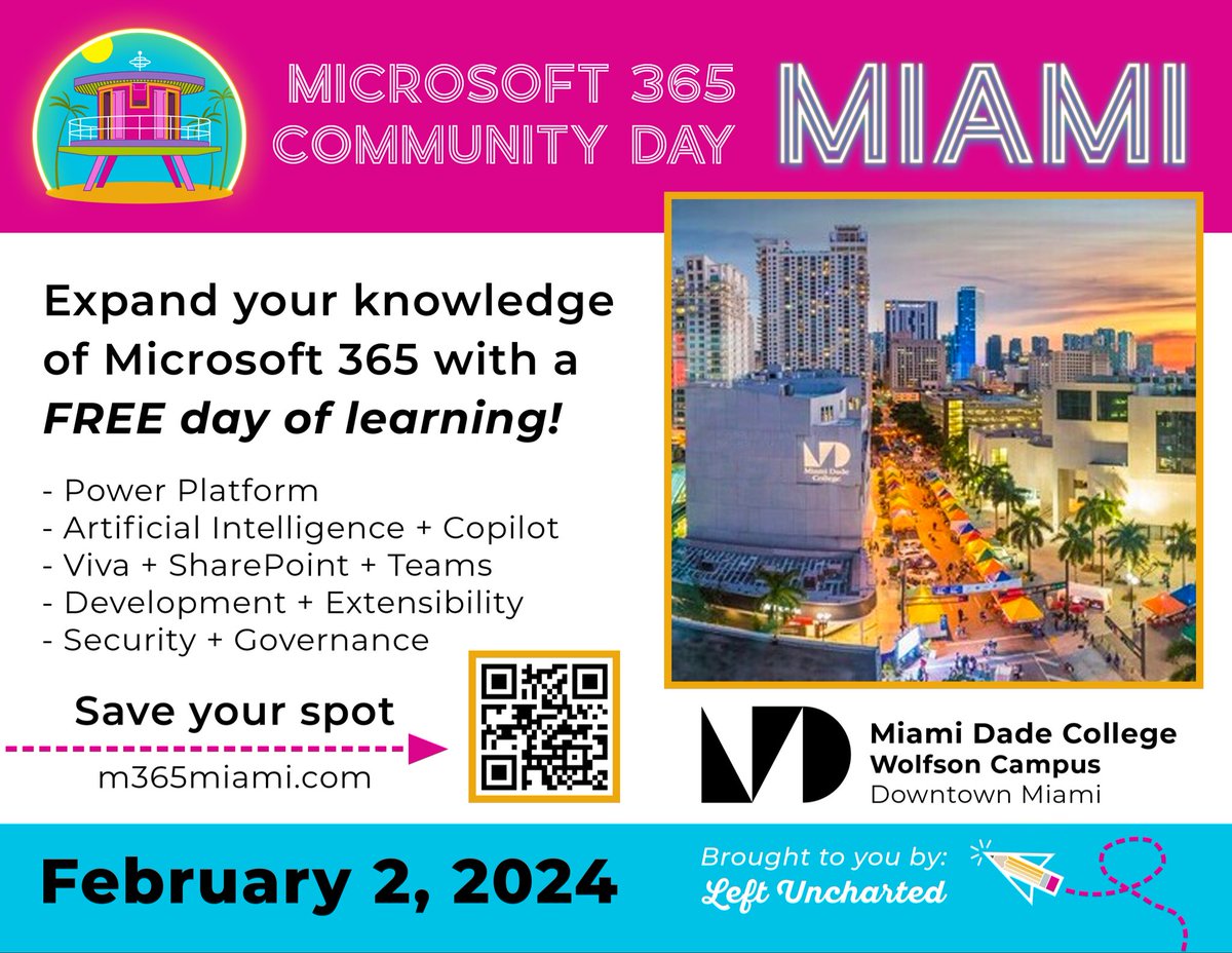 Have a great <a href="/Microsoft365/">Microsoft 365</a> Community Day in Miami, FL 🏖️ | Feb 1-2, 2024 | 6⃣0⃣ sessions across 5⃣ Modern Work, AI, Power Platform, Development, and Security + workshops.

😎 M365Miami.com <a href="/M365Miami/">Microsoft 365 Community Day Miami</a> 
📋 Full agenda M365Miami.com/agenda

#CommunityLuv 🩷
