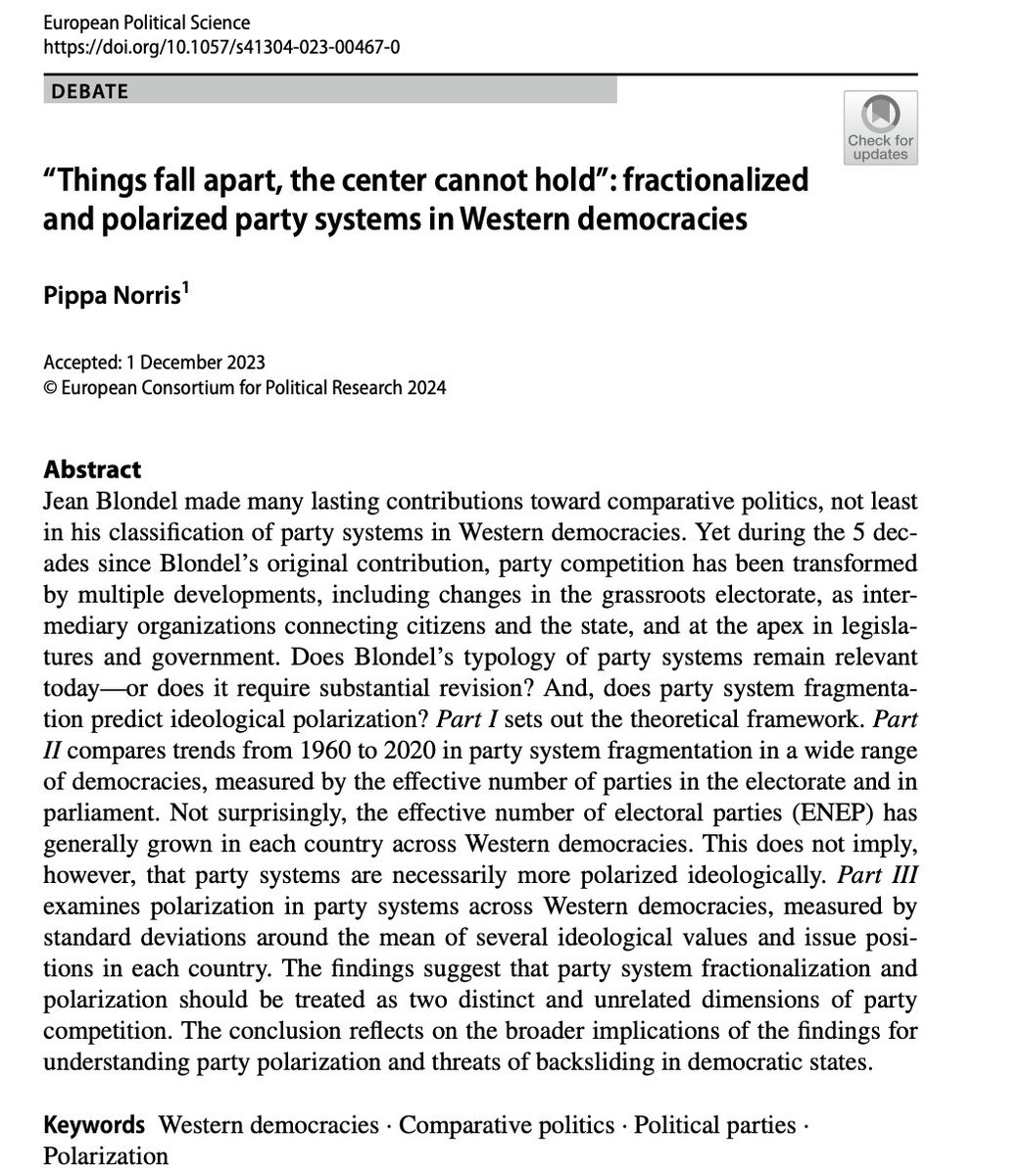 New EPS article just out! Why party systems in Western democracies have become more fragmented since the 1960s and yet not necessarily more ideologically polarized. link.springer.com/article/10.105…