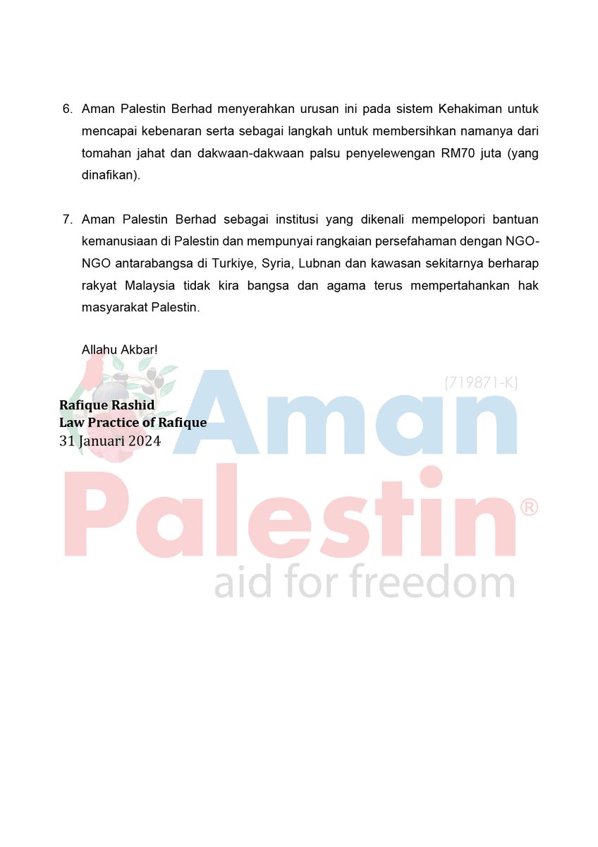 KENYATAAN MEDIA AMAN PALESTIN - LAW PRACTICE OF RAFIQUE

Rafique Rashid
31 Januari 2024

#AmanPalestin