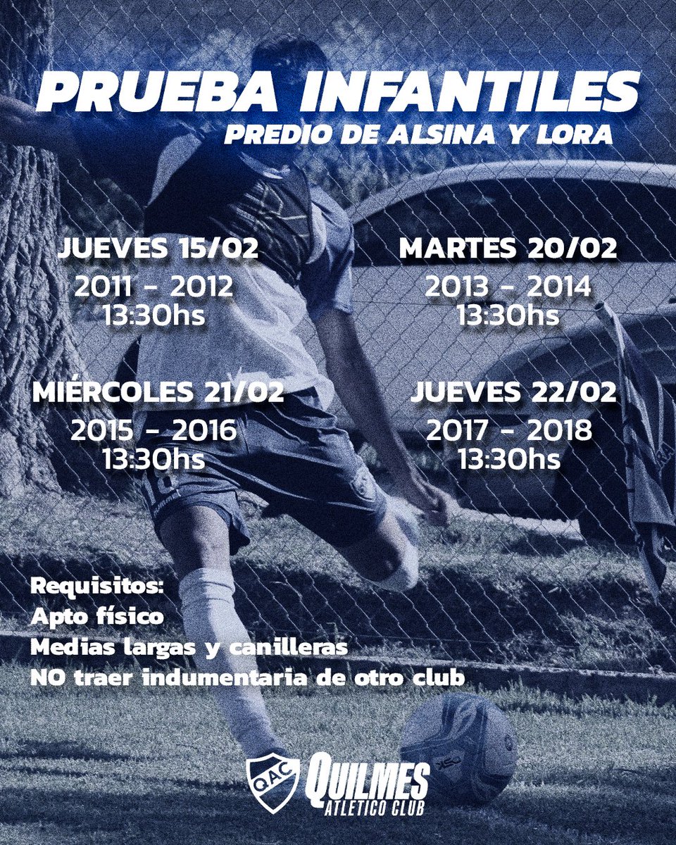 👦 Pruebas para fútbol infantil en Alsina y Lora

⚠️ Es obligatorio concurrir con apto físico y sin indumentaria de otros clubes