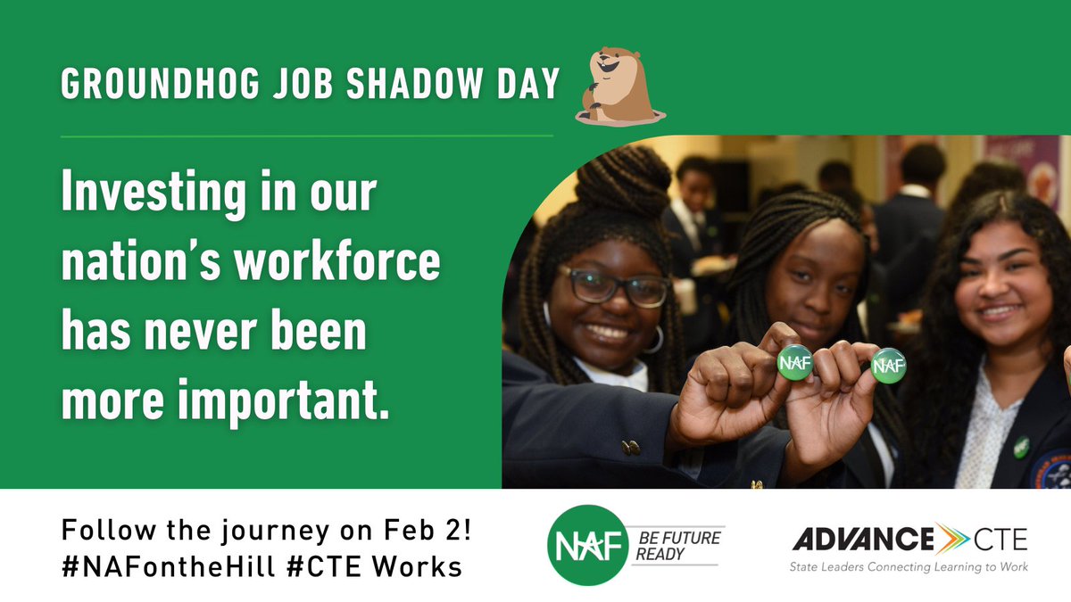 NAFCareerAcads's tweet photo. February 2 is National Groundhog #JobShadowDay! In celebration, we've partnered with @CTEWorks to help bring a high school student to Capitol Hill to discover the ins and outs of public service. Meet the student and follow their journey later this week! #NAFontheHill #CTEWorks https://t.co/NQIDv73aGk