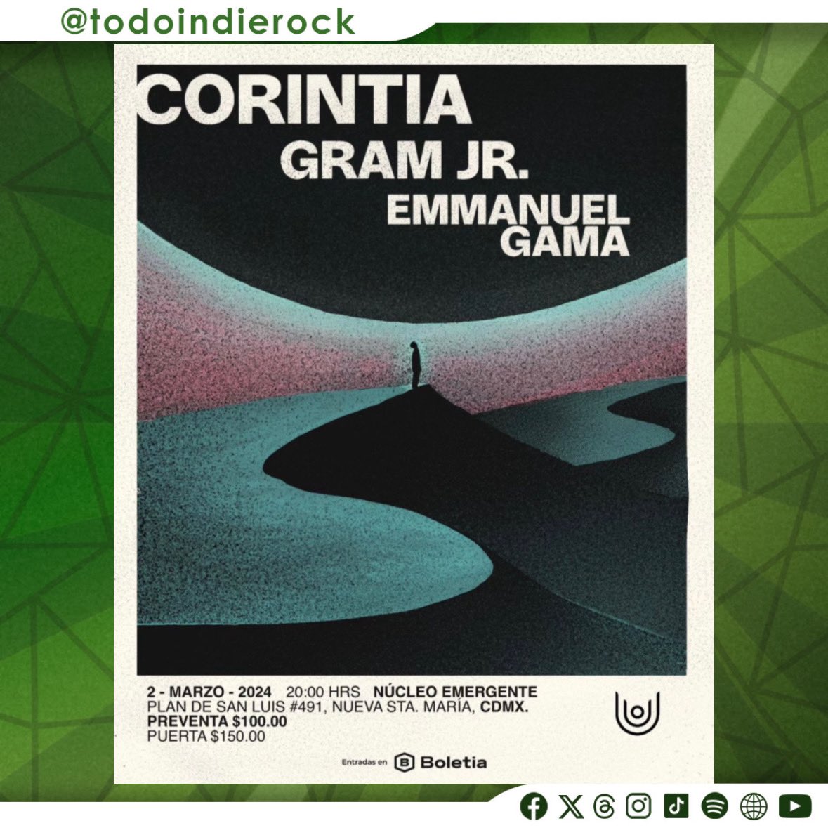 todoindierock's tweet photo. Este 02 de marzo se presenta @corintiamx en #NucleoEmergente de la #CDMX 🎤👇🏻

🎫 Tickets en @boletia 
🔗 https://t.co/S21CNL0cb0
📌 Invitados: #GramJunior &amp; @emmanuelgamamx 

#TodoIndieRock https://t.co/6UHP6v9pya