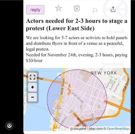 I saw a posting on Craigslist, and it was also $30/hr in NYC! I’d like to know which traitor is footing the bill! #PalestinianProtests