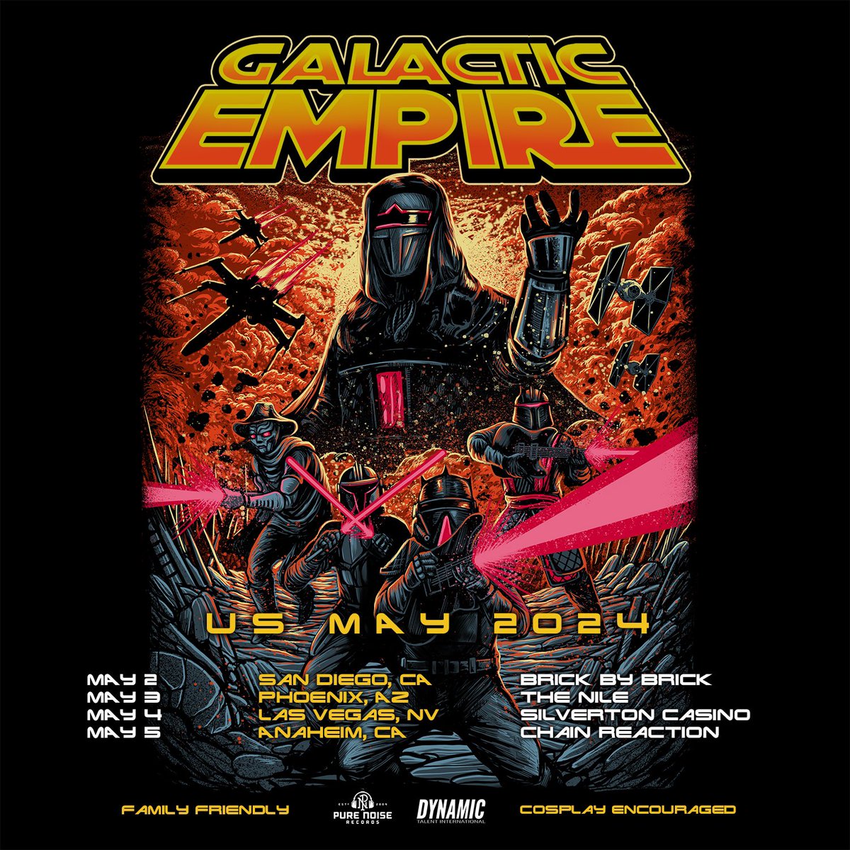 🚨 ATTENTION WEST COAST 🚨 You asked for it, the Emperor has delivered! We will return to your region this May to crush any remaining rebel insurgents. Tickets go on sale this Friday, February 2 at 11AM PST #starwars #galacticempire #heavymetal #metal #tour #purenoiserecs