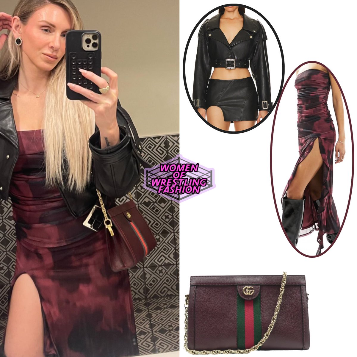 WmenWrstlinFash's tweet image. .@MsCharlotteWWE wears the Victoria Jacket in Black from #Retrofete ($798) &amp;amp; Bandeau Ruffle Maxi Dress in Dark Pink Abstract Print from #ASOSDesign ($71) with the Ophidia Leather Shoulder Bag from @Gucci (not available)