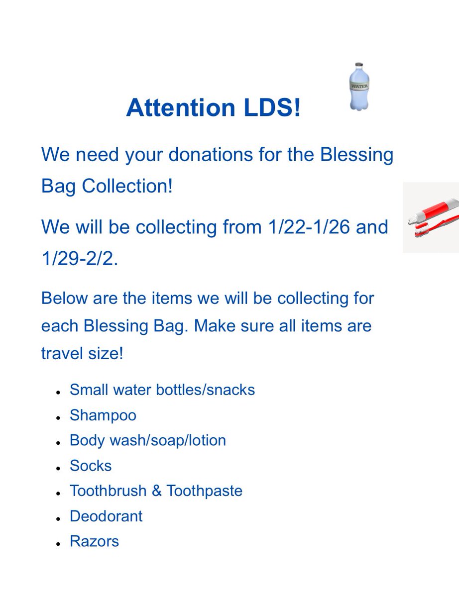 Ms. Haines (@lds_mshaines) on Twitter photo <a href="/LDS_PBS/">PBS at LDS</a> PBS is running a Blessing Bag Collection over the next 2 weeks to donate back to the community. All items can be sent to school with your child and placed in the boxes by the main office. Thank you!! 💙💛🐯 <a href="/DonovanSchool/">Laura Donovan School</a> <a href="/MsParkeLDS/">Ms. Parke 🤍</a> <a href="/LDS_PBS/">PBS at LDS</a> PBS is running a Blessing Bag Collection over the next 2 weeks to donate back to the community. All items can be sent to school with your child and placed in the boxes by the main office. Thank you!! 💙💛🐯 <a href="/DonovanSchool/">Laura Donovan School</a> <a href="/MsParkeLDS/">Ms. Parke 🤍</a>