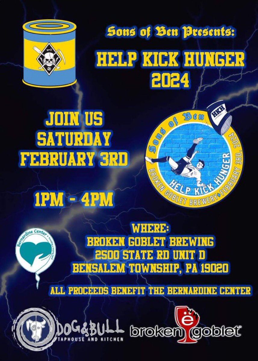 FatherOfBen's tweet image. Join the @SonsofBen on Saturday, February 3rd, at @BrokenGobletPA for #HelpKickHunger 2024, supporting The Bernardine Center in Chester. Enjoy an afternoon of friends, fun, food, and abundant of prizes!

Ticket Link: bit.ly/48ymuPe