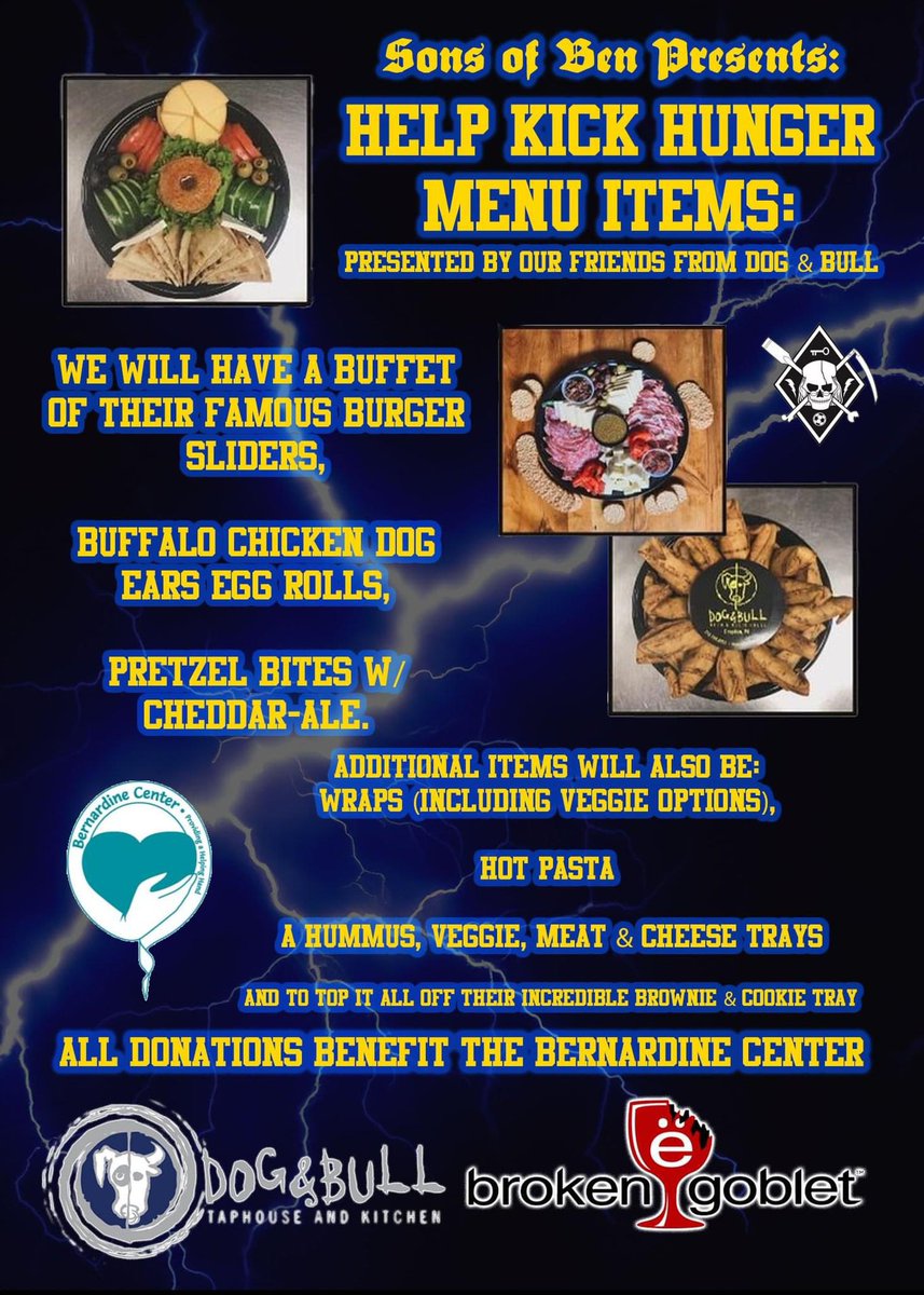 FatherOfBen's tweet image. Join the @SonsofBen on Saturday, February 3rd, at @BrokenGobletPA for #HelpKickHunger 2024, supporting The Bernardine Center in Chester. Enjoy an afternoon of friends, fun, food, and abundant of prizes!

Ticket Link: bit.ly/48ymuPe