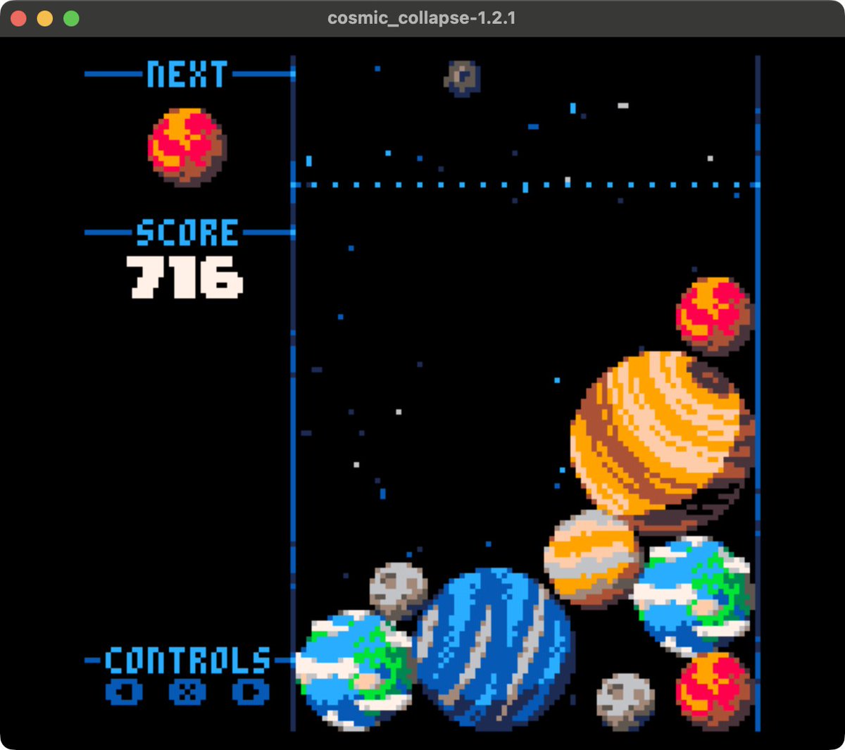 invadergraphix's tweet photo. スイカゲームも良いですがcosmic collapse超楽しいですよ！とりあえずMacでプレイ。重力が低いのでなのでガンガン動かせる https://t.co/ido8gNpFAs