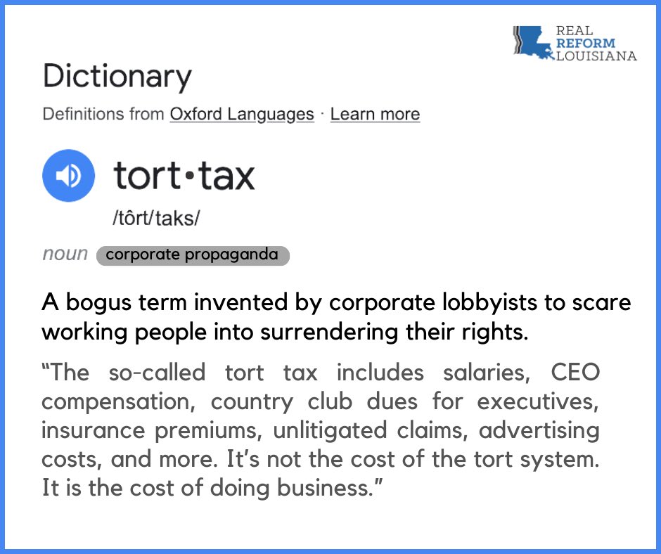 The “tort tax” is a scam invented by big corporations to scare working people into surrendering their rights. This absurd number includes 8 figure CEO salaries, bonuses, & bloated advertising budgets for insurance products the law requires consumers to purchase. #LaLege #LaGov