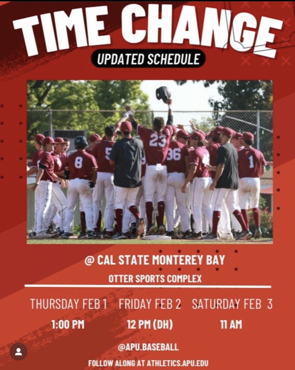 Updated game times for the Opening Series at CSUMB. Follow along at athletics.apu.edu <a href="/APUCougars/">APUCougars</a>