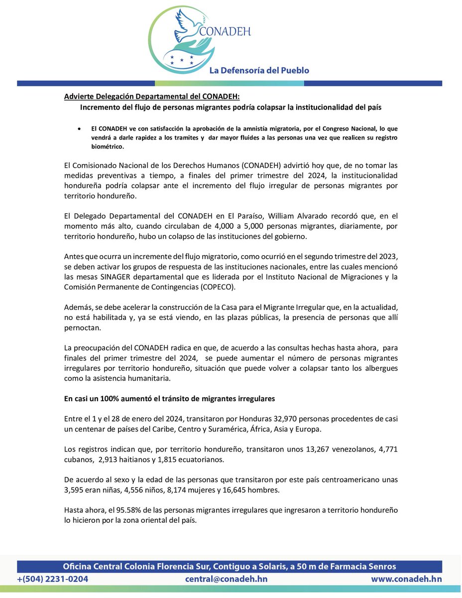 Abriendo_Brecha's tweet image. #Nacionales 
Incremento del flujo de migrantes podría colapsar la institucionalidad del país, advierte #CONADEH