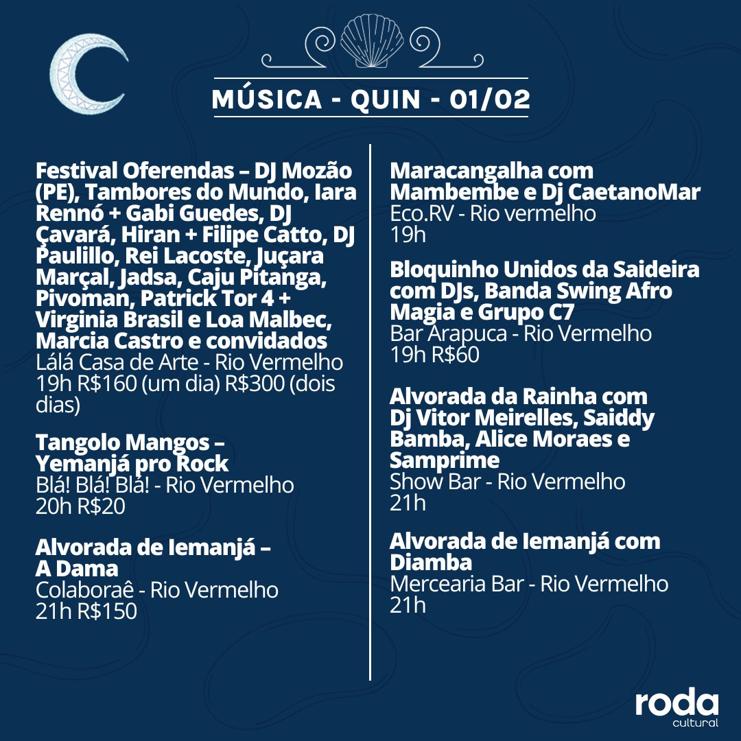 rodaculturalofc's tweet photo. A agenda mais esperada chegou! 😍🧜🏾‍♀️

Confira a programação de quinta (01) e sexta-feira (02), em Salvador.

Vamos saudar à Rainha do Mar com muita fé e música! 💙🎶 https://t.co/wV8YhIc8JB