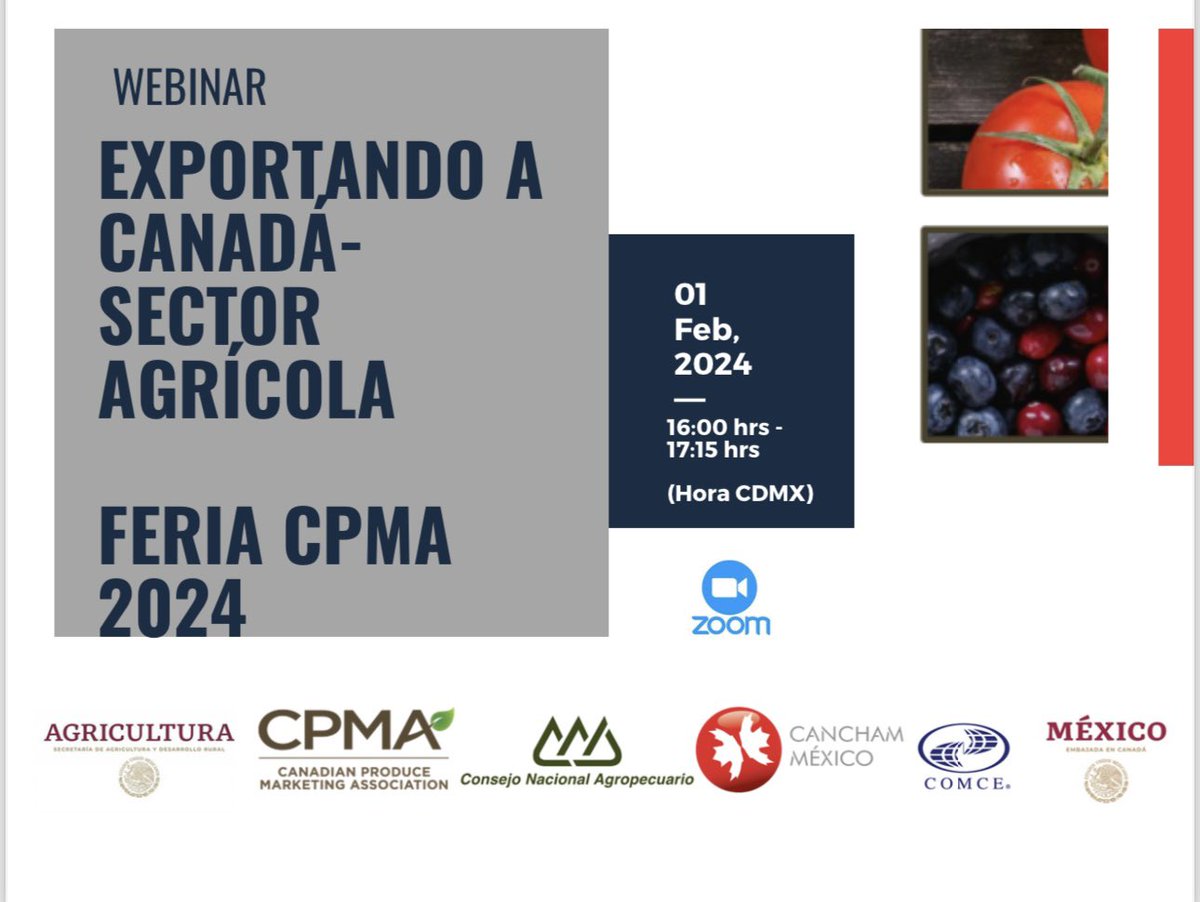 jamarojano's tweet photo. Si quieres exportar a Canadá productos del sector agro, no te pierdas mañana este webinar. #CPMA Inscríbete aquí:  https://t.co/P2eNLV9UBt https://t.co/Bqv2nDumwN
