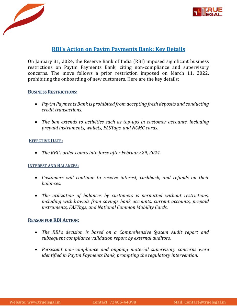 truelegals's tweet photo. Paytm Payments Bank Can't Offer Services, Including Wallet, After Feb 29: RBI

Contact True Legal at 072405 44398 for more details.
Mail: contact@truelegal.in
Website: https://t.co/Y2BCx48ako

#TrueLegal https://t.co/rjGGFRPVkC