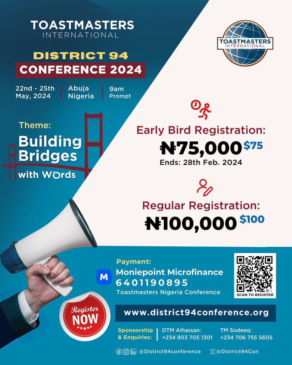 Exciting News!!

Early bird registration for the District 94 Toastmasters Conference is NOW OPEN!

Don't miss out on discounted rates – Boost your communication skills! 

Register early &amp; save big!
district94conference.org

Mercy George Igbafe
Head of Digital Team