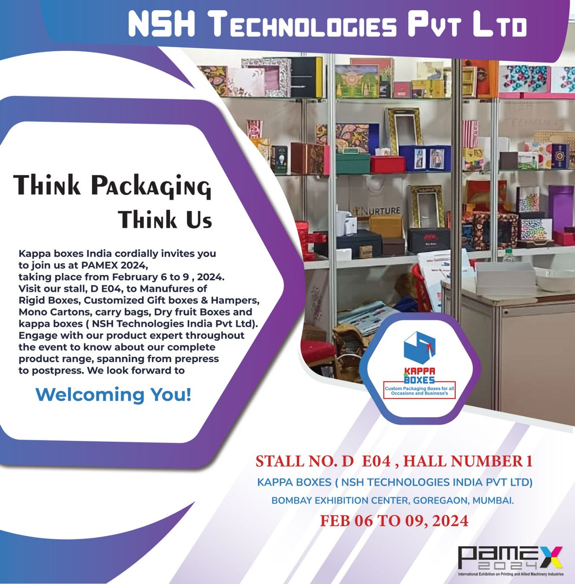 Think Packaging Think Us.
#Pamex#MumbaiExpo#KappaBoxes#Packaging#RigidBoxes#Design#Branding#Printing#CustomPackaging4allOccasions&Businesses#NSHtechnologiesPvtLtd#ExportQualityPackaging#MadeInBharat